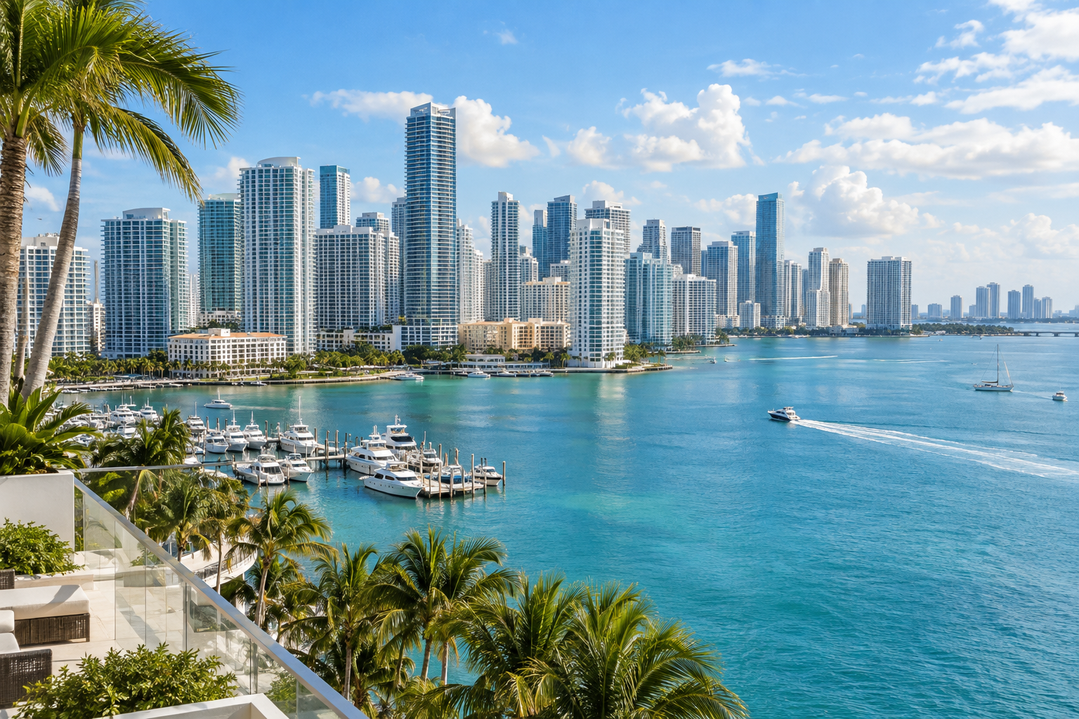 Miami skyline, waterfront, and yachts